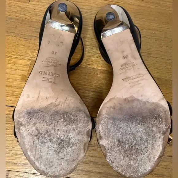 Celyn b. by Elisabetta Franchi Black Leather Gold Heel Sandals 39 Italy - Picture 6 of 8